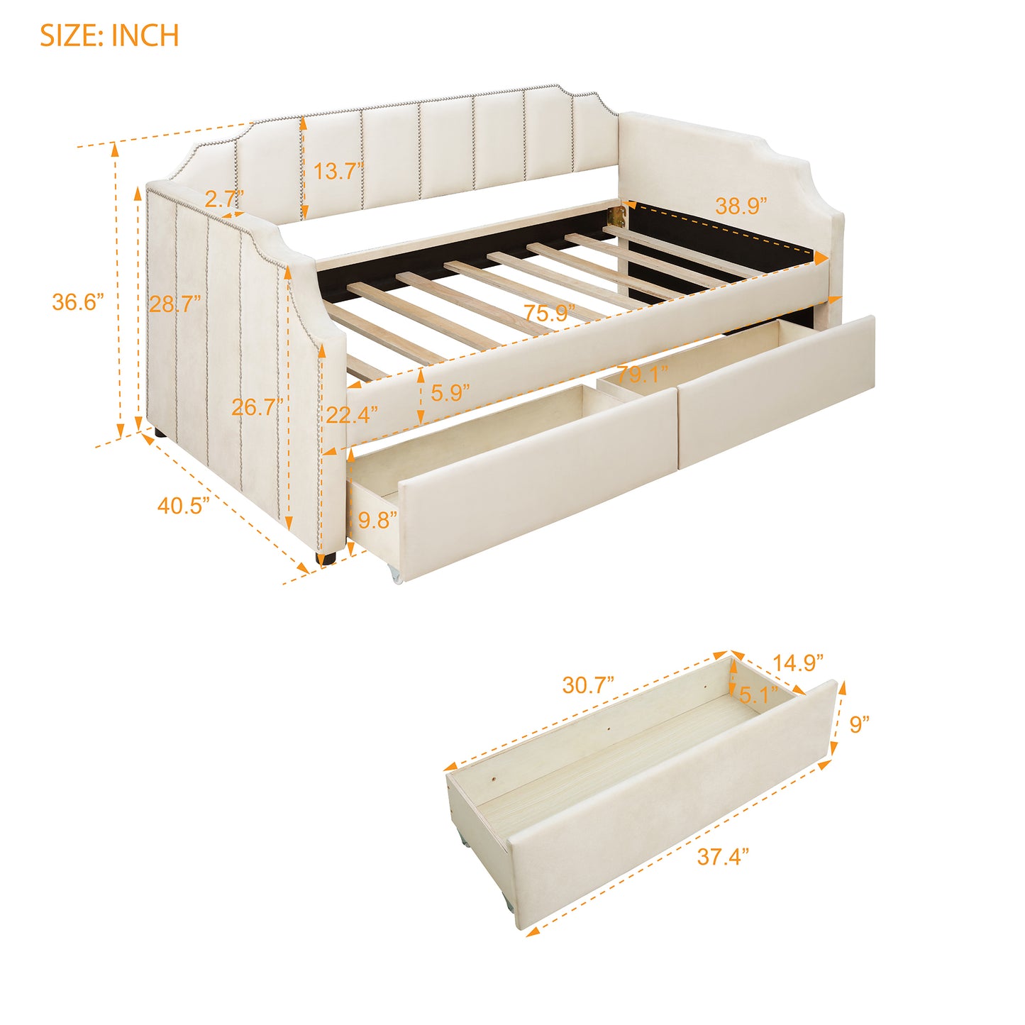 Twin Size Upholstered Daybed with Drawers, Wood Slat Support, Beige