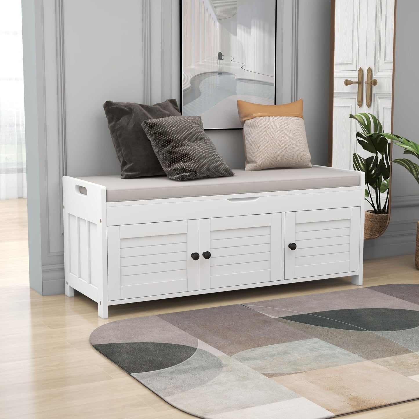 Storage Bench with 3 Shutter-shaped Doors, Shoe Bench with Removable Cushion and Hidden Storage Space (White)