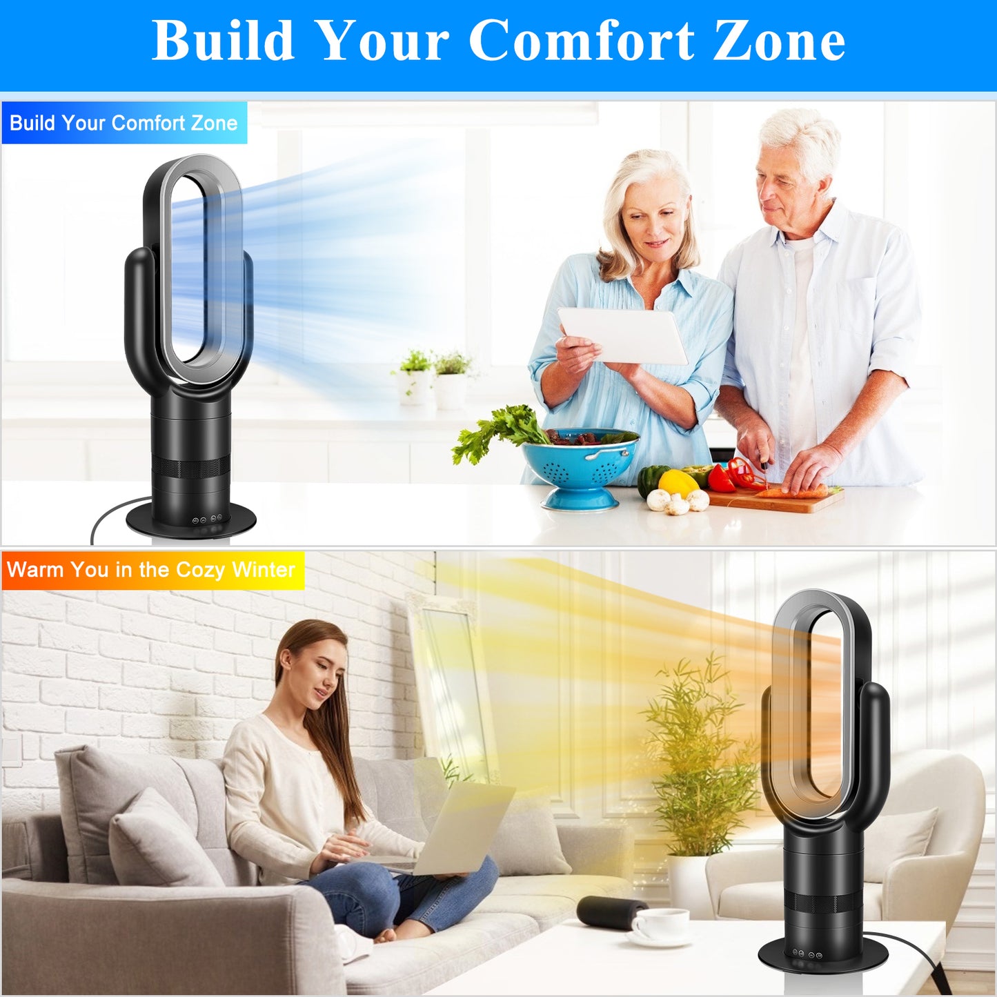 26-inch Space Heater Bladeless Tower Fan, Heater & Cooling Combo, with Remote Control, for Home Air Conditioner, Black