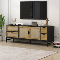 ON-TREND Elegant Rattan TV Stand for TVs up to 65", Boho Style Media Console with Adjustable Shelves, Sleek TV Console Table with Wood Grain Surface for Living Room, Steel Grey