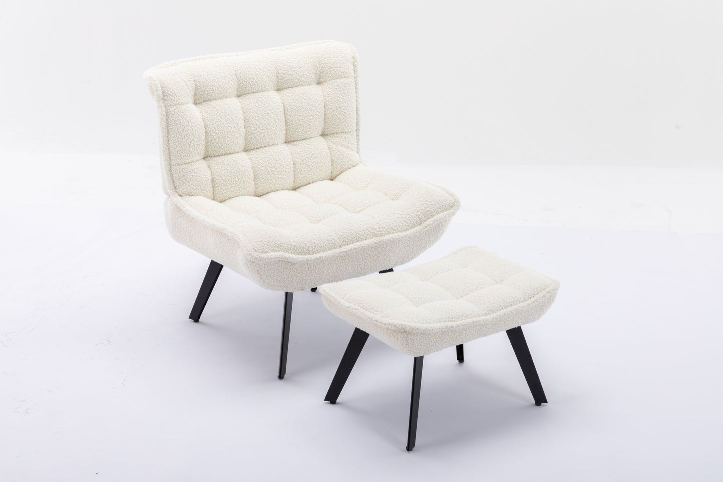 Modern Soft Teddy Fabric Material Large Width Accent Chair Leisure Chair Armchair TV Chair Bedroom Chair With Ottoman Black Legs For Indoor Home And Living Room, White