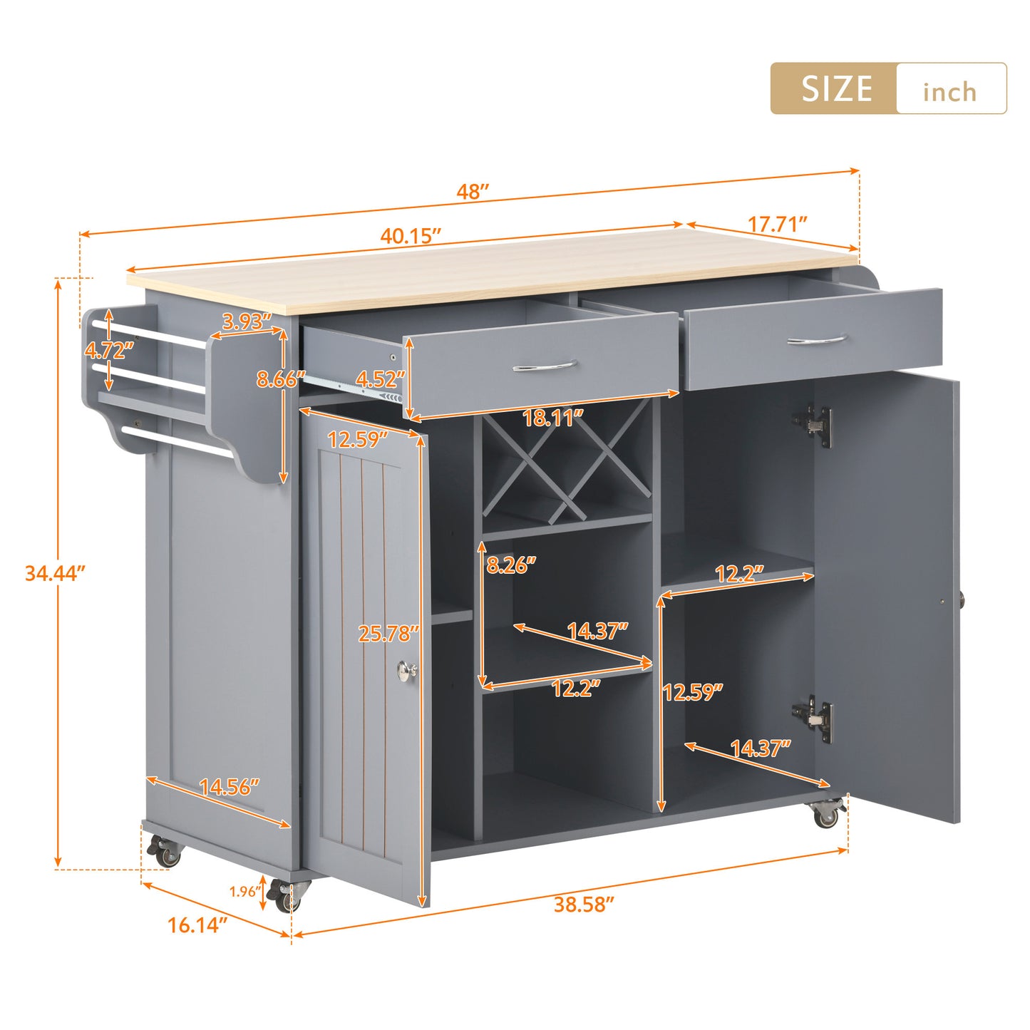 K&K Store Kitchen Island Cart with Two Storage Cabinets and Four Locking Wheels, Wine Rack, Two Drawers, Spice Rack, Towel Rack (Grey Blue)