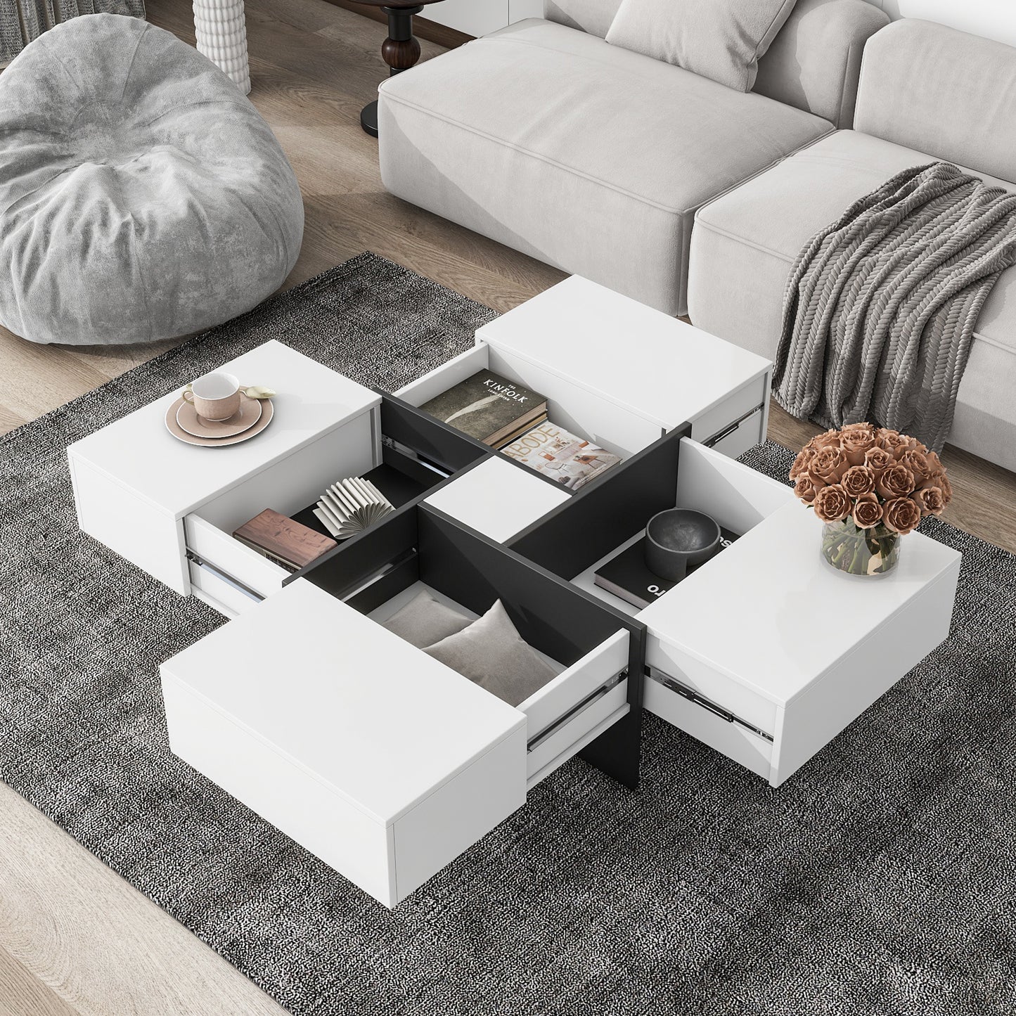 ON-TREND Unique Design Coffee Table with 4 Hidden Storage Compartments, Square Cocktail Table with Extendable Sliding Tabletop, UV High-gloss Design Center Table for Living Room, 31.5"x 31.5"