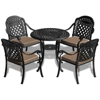 5-Piece Set Of Cast Aluminum Patio Furniture  With Black Frame and  Seat Cushions In Random Colors