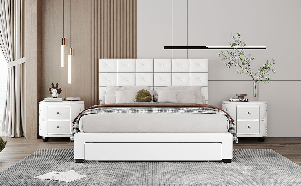 3-Pieces Bedroom Sets, Queen Size Upholstered Platform Bed with Two Wireless Chargers, Two Motion Activated Night Lights and Two Nightstands-White