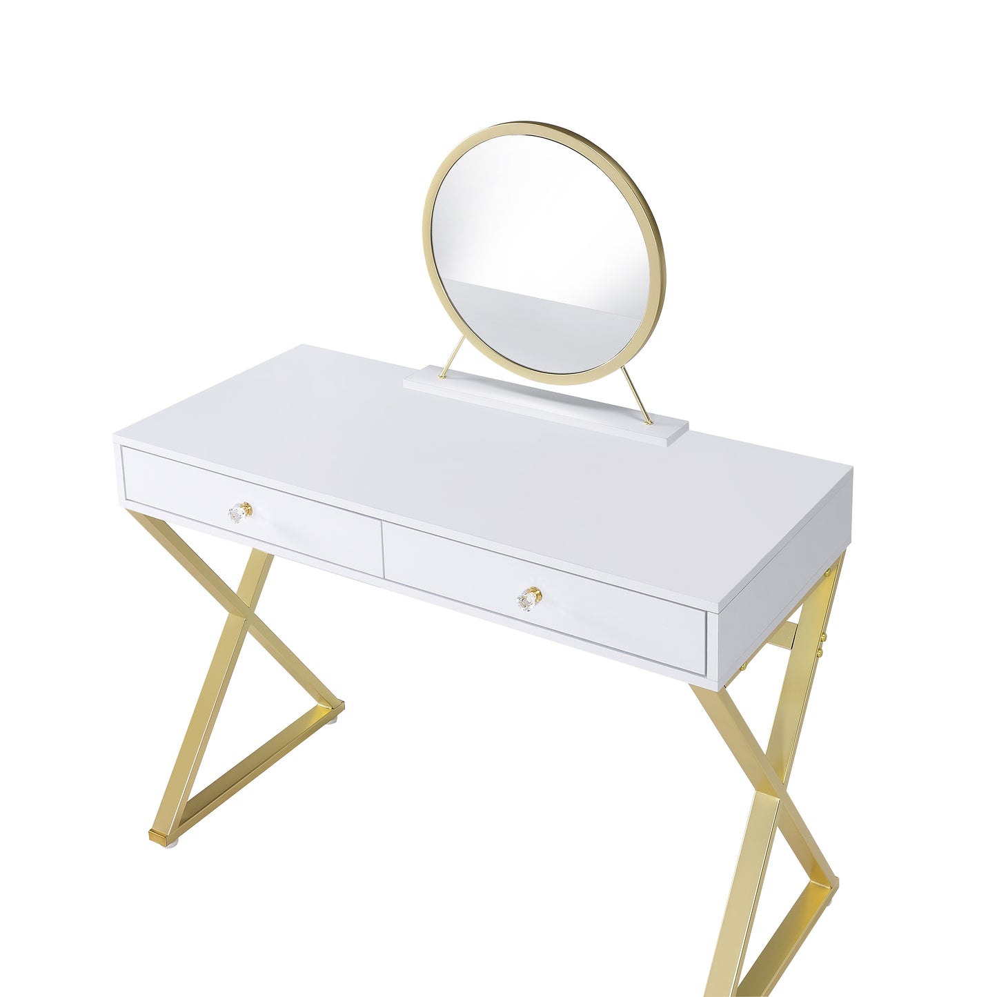 ACME Coleen Vanity Desk w/Mirror & Jewelry Tray in White & Gold Finish