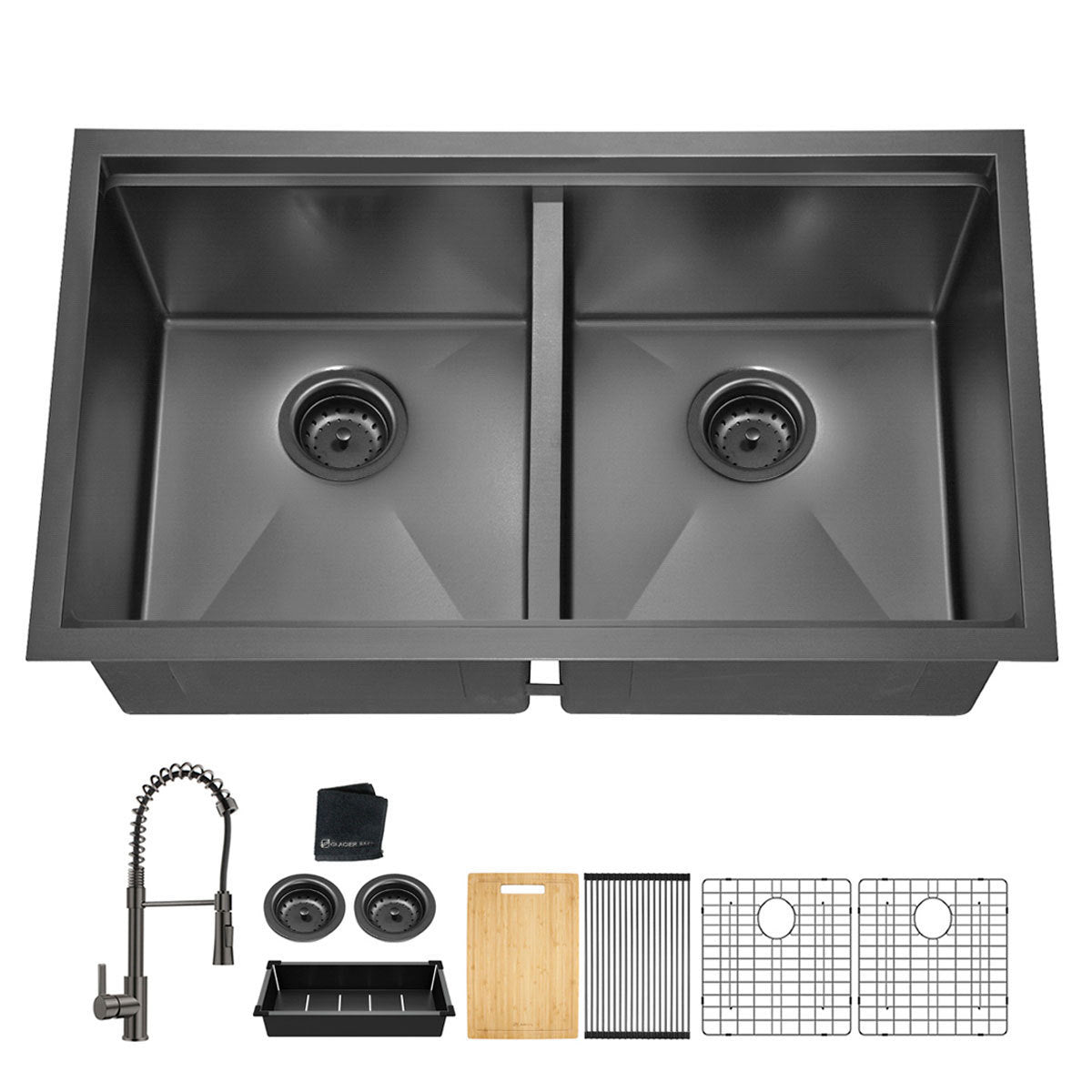 All In One  33x19Inch Undermount Gunmetal Black Double Bowl  Kitchen Sink 18 Guage Stainless Steel With Faucet