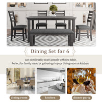 Dining Room Table and Chairs with Bench, Rustic Wood Dining Set, Set of 6 (Gray)