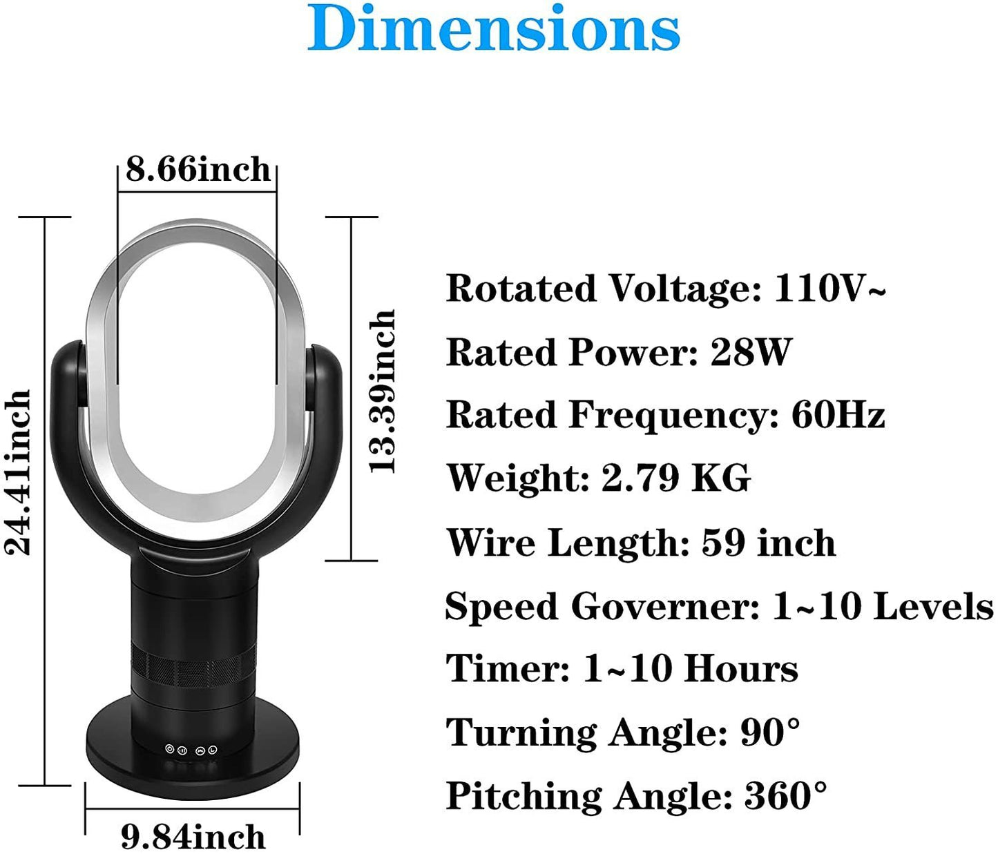 Medium Size Portable Bladeless Fan, Small Table Fan, 10 Speeds Settings, 10-hour Timing Closure, Low Noise, Lightweight, 24 inches, Black