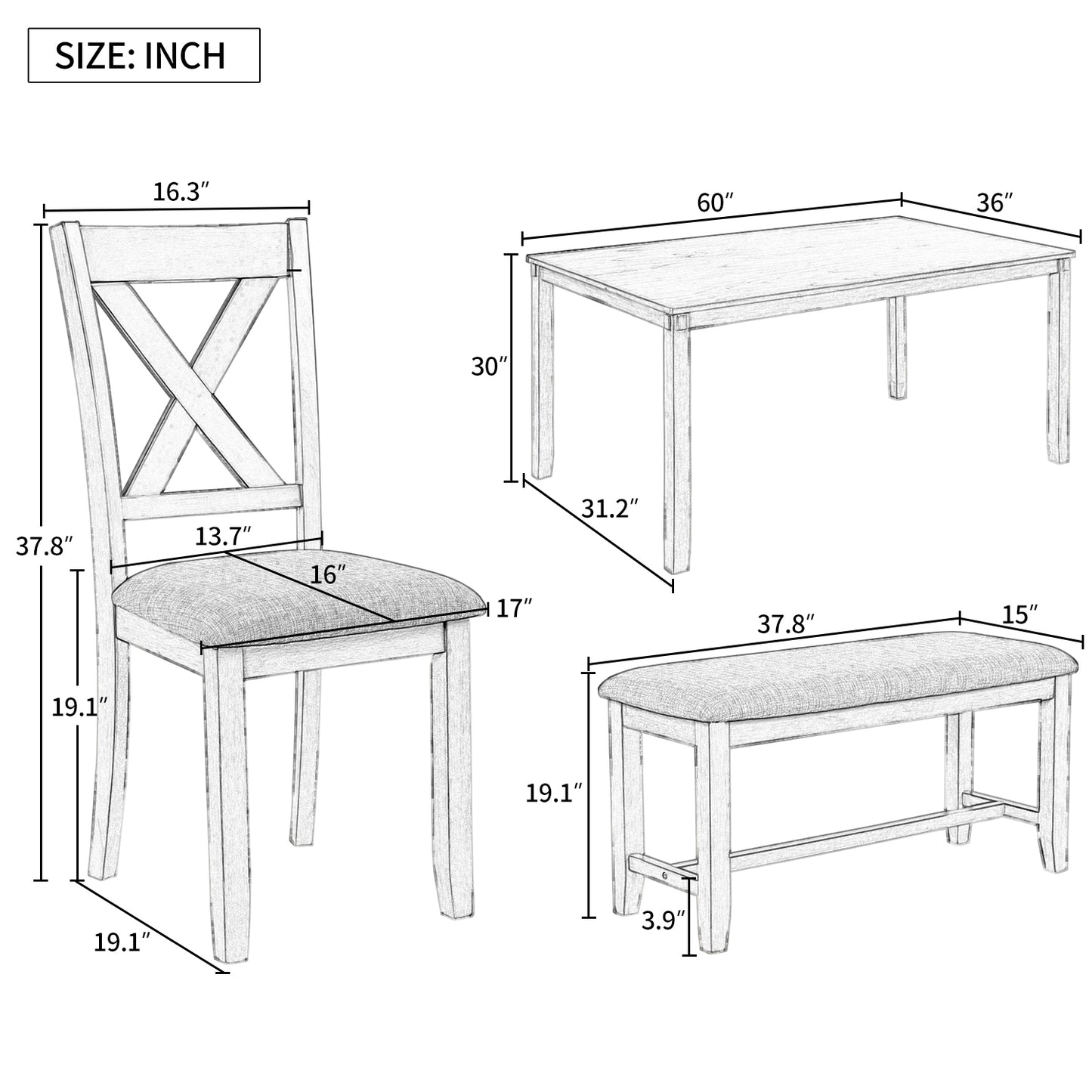 6-Piece Kitchen Dining Table Set Wooden Rectangular Dining Table, 4 Dining Chairs and Bench Family Furniture for 6 People (Grey)