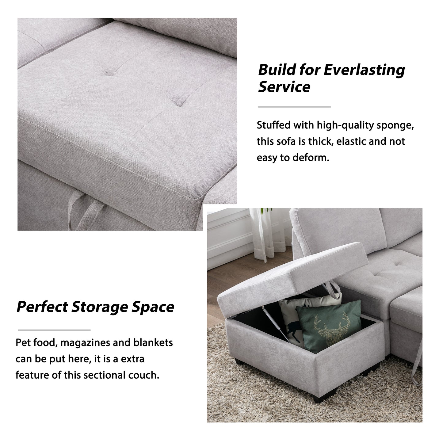 86" Sleeper Sectional Sofa, L-Shape Corner Couch Sofa-Bed with Storage Ottoman &  Hidden Arm Storage for Living Room Apartment