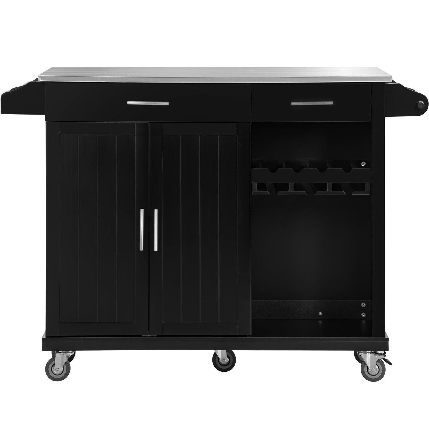 K&K Kitchen Cart with Stainless Steel Top and Storage Cabinet, Kitchen Island on Wheels with Two Drawers & Goblet Holder & Wine Rack & Spice Rack & Towel Holder, L51xW18xH37 Inches