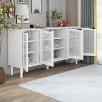 Large Storage Space Sideboard with Artificial Rattan Door and Unobtrusive Doorknob for Living Room and Entryway (White)