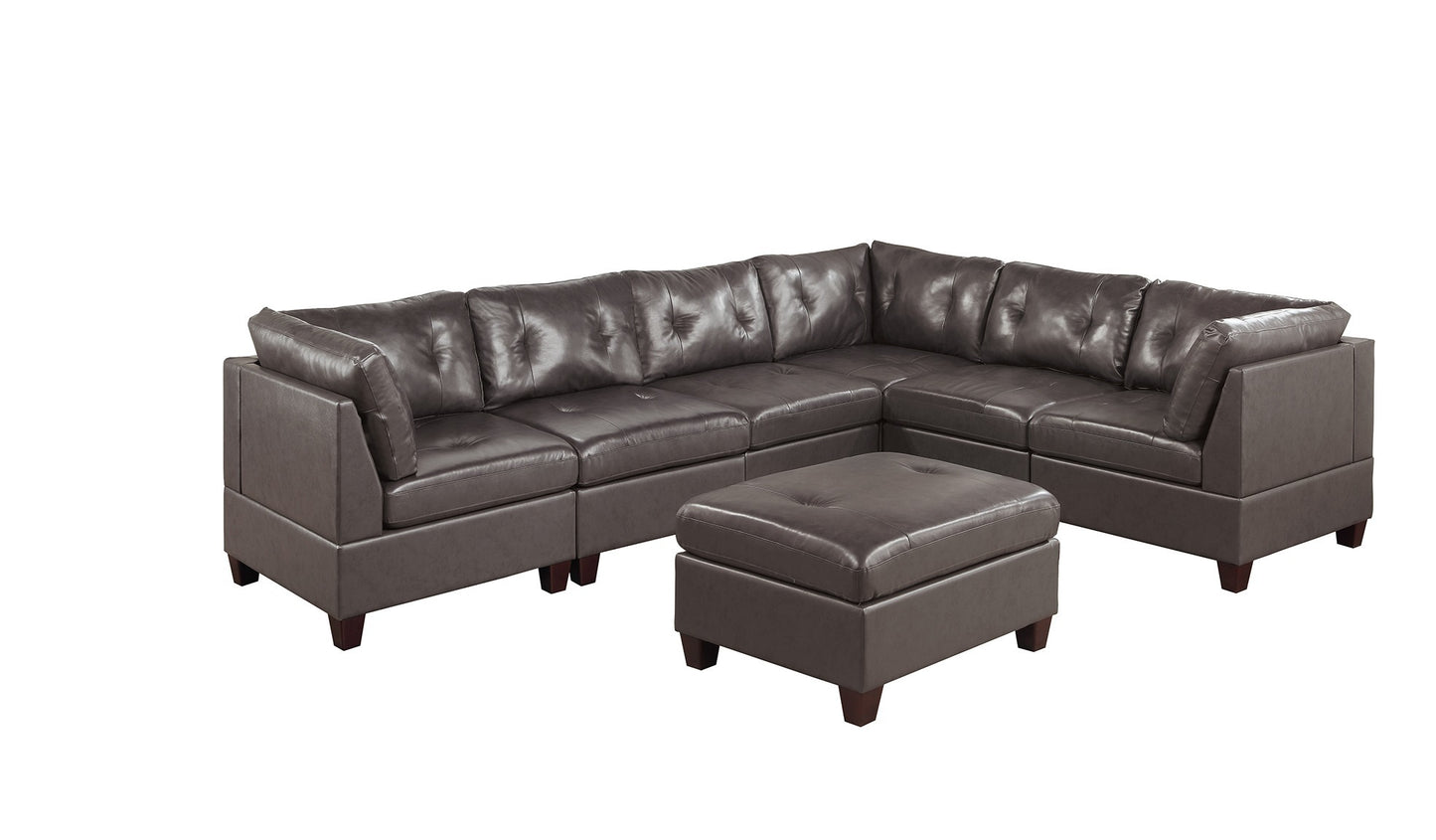 Contemporary Genuine Leather Dark Coffee Tufted 7pc Modular Sectional Sofa Set 3x Corner Wedge 3x Armless Chairs 1x Ottoman Living Room Furniture Sofa Couch