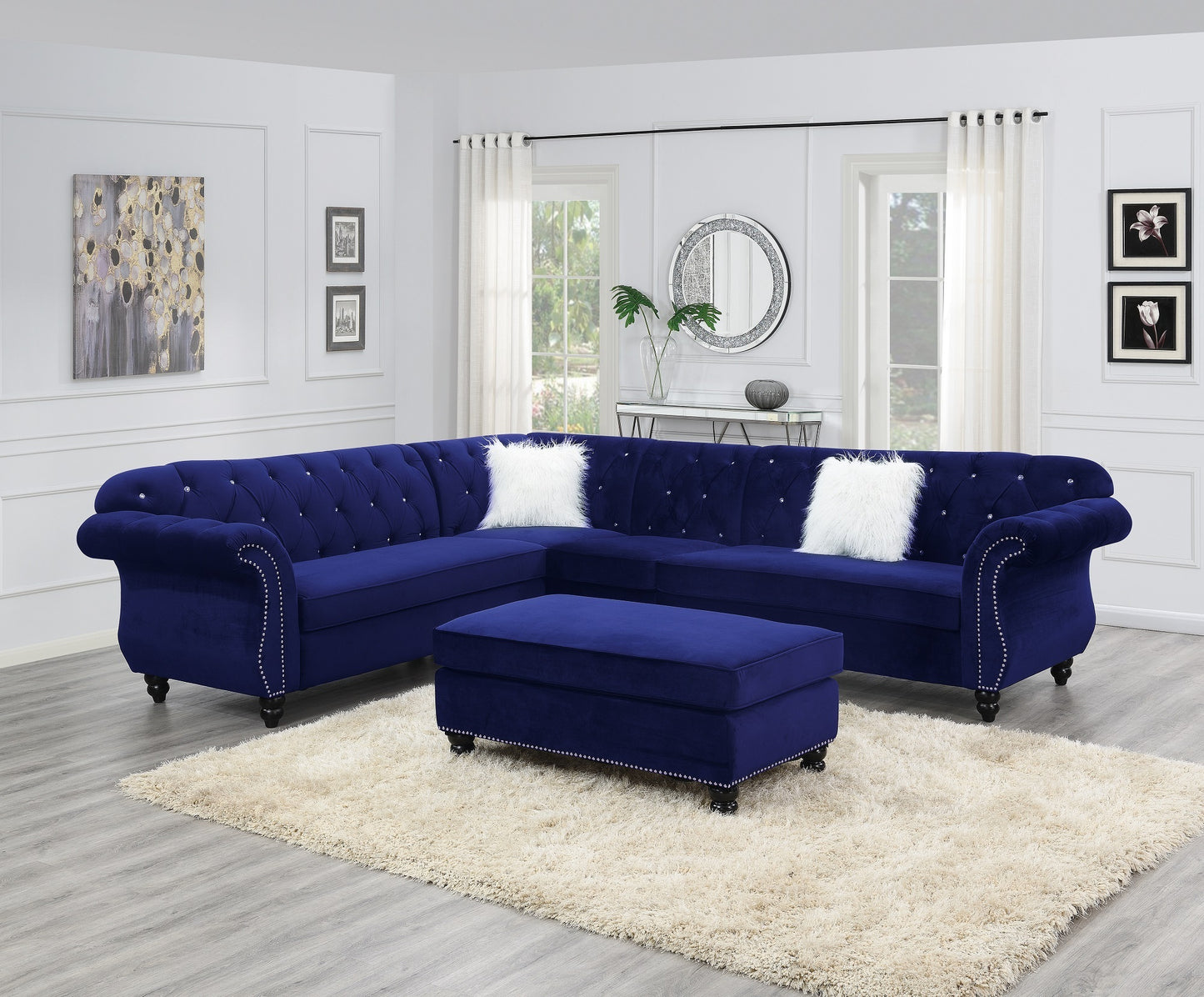 Living Room XL- Cocktail Ottoman Indigo Blue Velvet Accent Studding Trim Wooden Legs