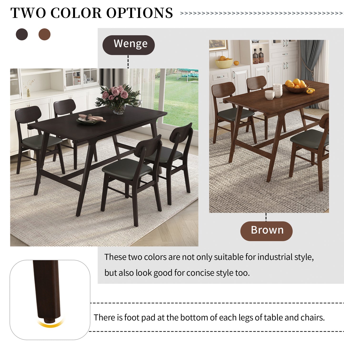 5-Piece Mid-Century Style Dining Table Set Kitchen Table with 4 Faux Leather Dining Chairs (Wenge)