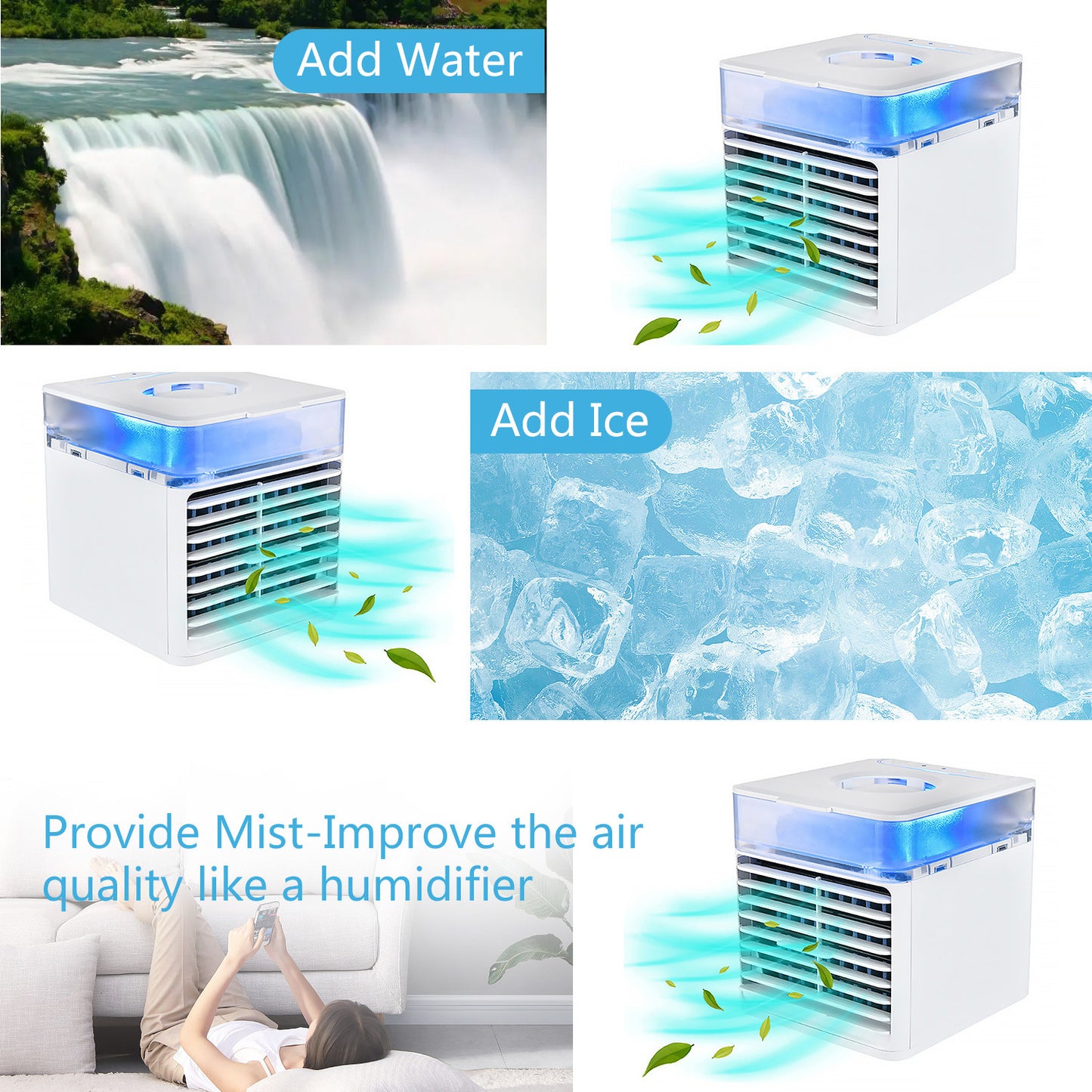 Mini Mobile Air Conditioner 3 in 1 USB Portable Air Cooler 7 Color Fan 3 Speed Evaporative Humidifier for Office Bedroom