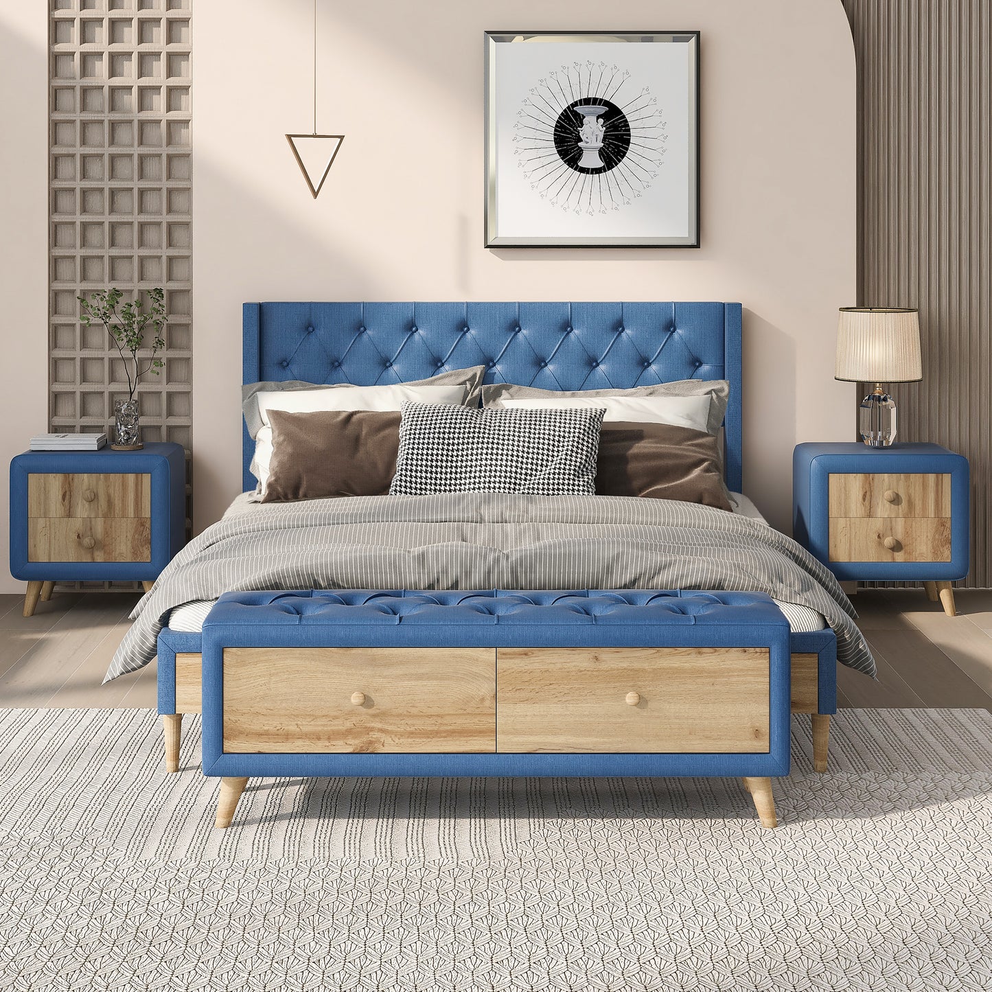 4-Pieces Bedroom Sets Queen Size Upholstered Platform Bed with Two Nightstands and Storage Bench-Blue