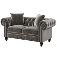 63" Deep Button Tufted Velvet Loveseat Sofa Roll Arm Classic Chesterfield Settee, 2 Pillows Included