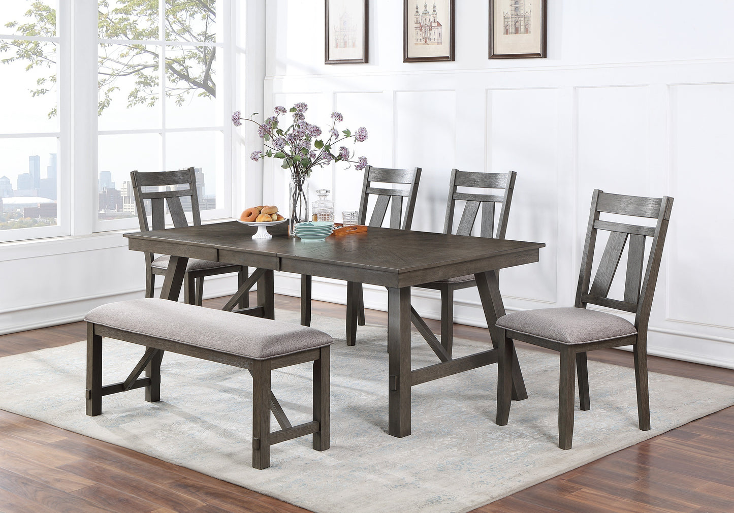 Rich Dark Brown Finish Dining Room Furniture 6pc Dining Set Table w Leaf And 4x Side Chairs 1x Bench Gray Fabric Cushion Seat Wooden Table Top