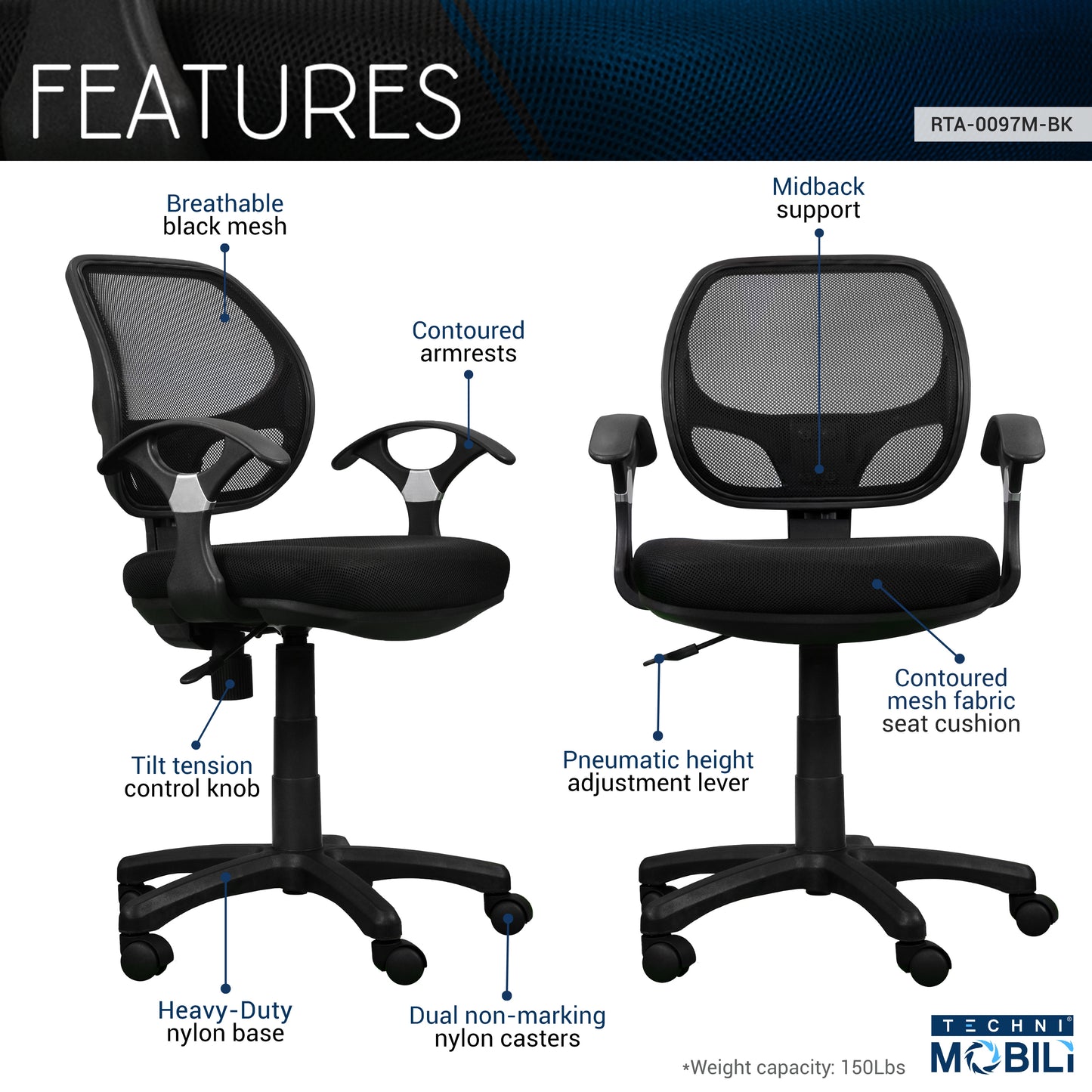 Techni Mobili Midback Mesh Task Office Chair, Black