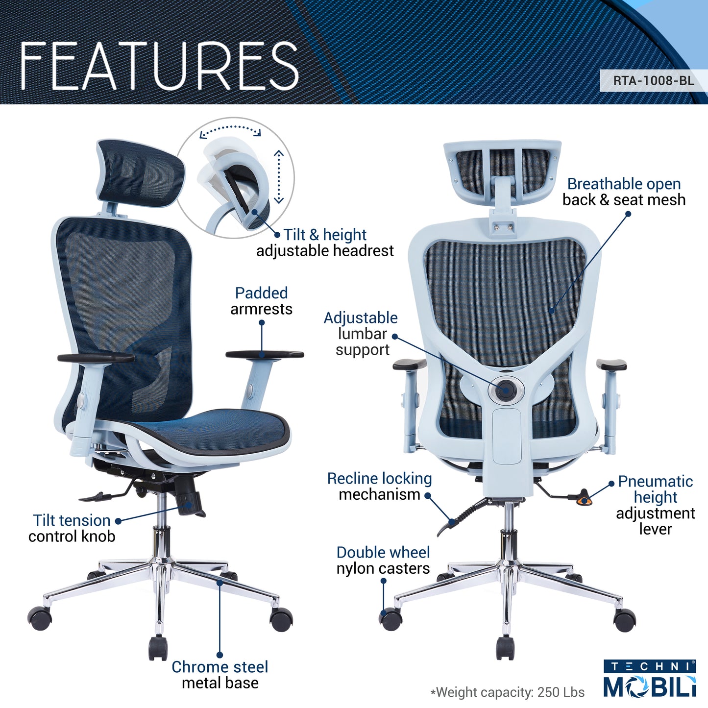 Techni Mobili High Back Executive Mesh Office Chair with Arms, Headrest and Lumbar Support, Blue