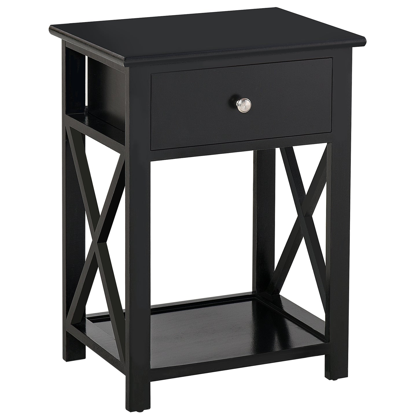 HOMCOM Side Table, Farmhouse End Table with Storage Drawer, Open Shelf and X-frame, Bedside Table for Living Room, Black