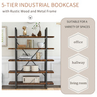 5-tier Industrial Bookcase with Rustic Wood and Metal Frame, Large Open Bookshelf for Living Room (Distressed Brown)