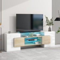 ON-TREND Unique Shape TV Stand with 2 Illuminated Glass Shelves, High Gloss Entertainment Center for TVs Up to 80", Versatile TV Cabinet with LED Color Changing Lights for Living Room, Wood