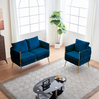 Stylish Handmade Woven Back Upholstered Sofa Set with 1 Accent Chair and 1 Loveseat Sofa, Modern Sofa Set for Living Room And Small Living Spaces , Blue Velvet