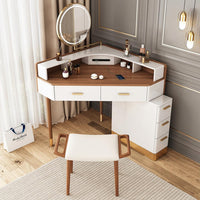 Modern Corner Makeup Vanity Table with LED Lighted Mirror, Vanity Desk with 5 Drawers, Piano Finish, Solid Wood Legs, Stool