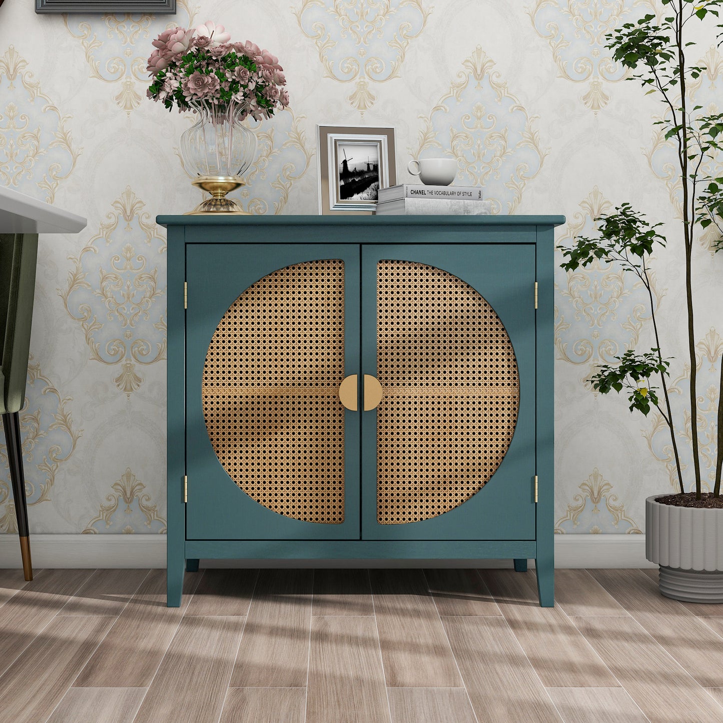 2 door cabinet with semicircular elements,natural rattan weaving,suitable for multiple scenes such as living room, bedroom, study room