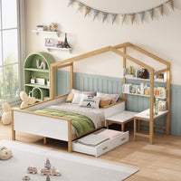 Full Size Wooden House Bed White and Original Wood Colored Frame with Drawer, Desk and Bookshelf for Children or Guest Room