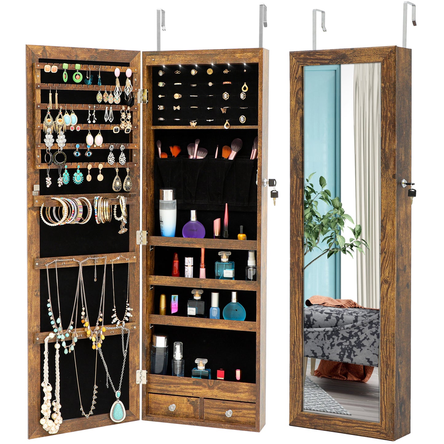 Fashion Simple Jewelry Storage Mirror Cabinet With LED Lights Can Be Hung On The Door Or Wall