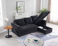 Sectional Sofa with Pulled Out Bed,  2 Seats Sofa and Reversible Chaise with Storage, Both Hands with Copper Nail, Black, (91" x 64" x 37")