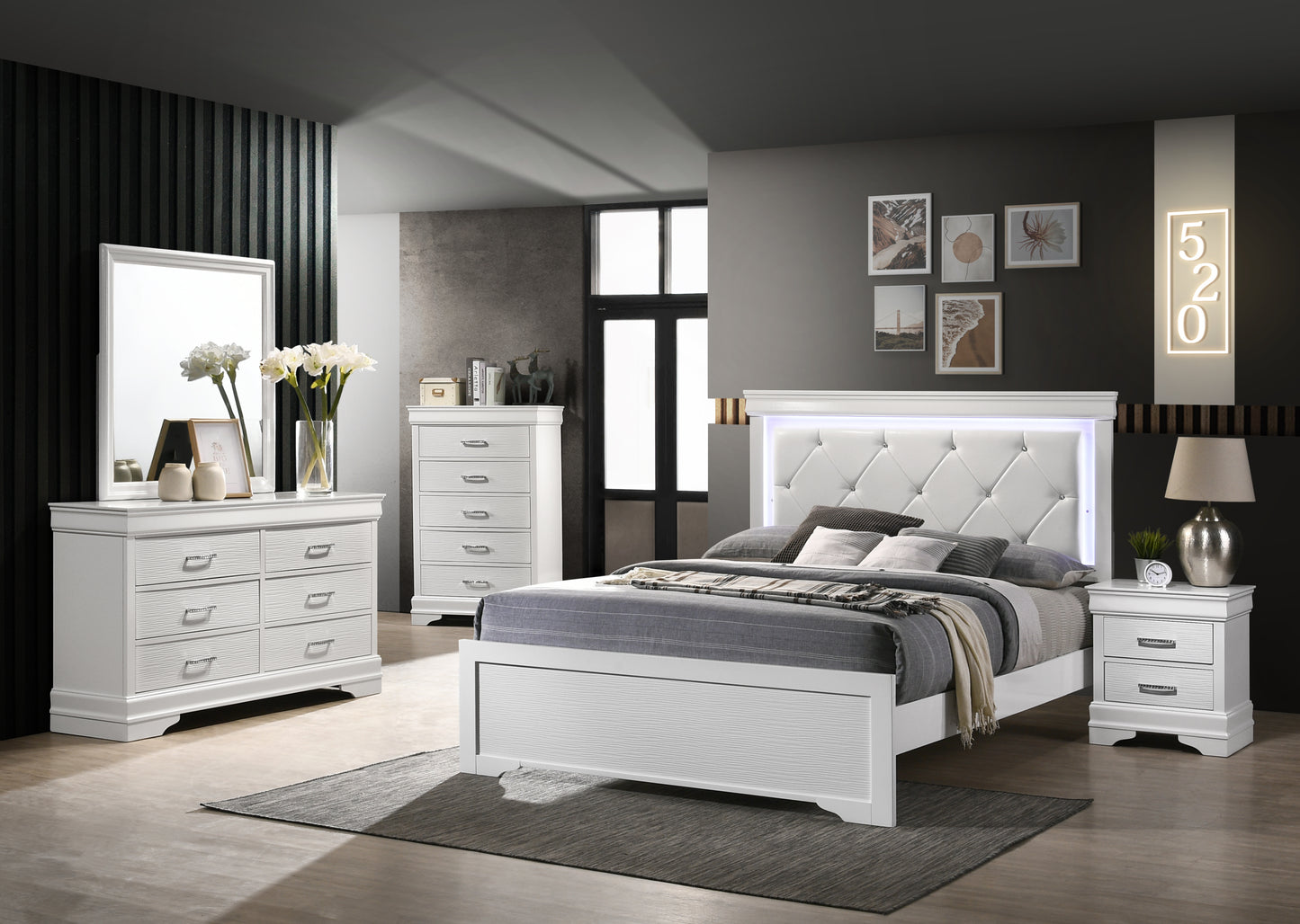 Brooklyn Queen 5-N Pc Tufted Upholstery LED Bedroom set made with Wood in White