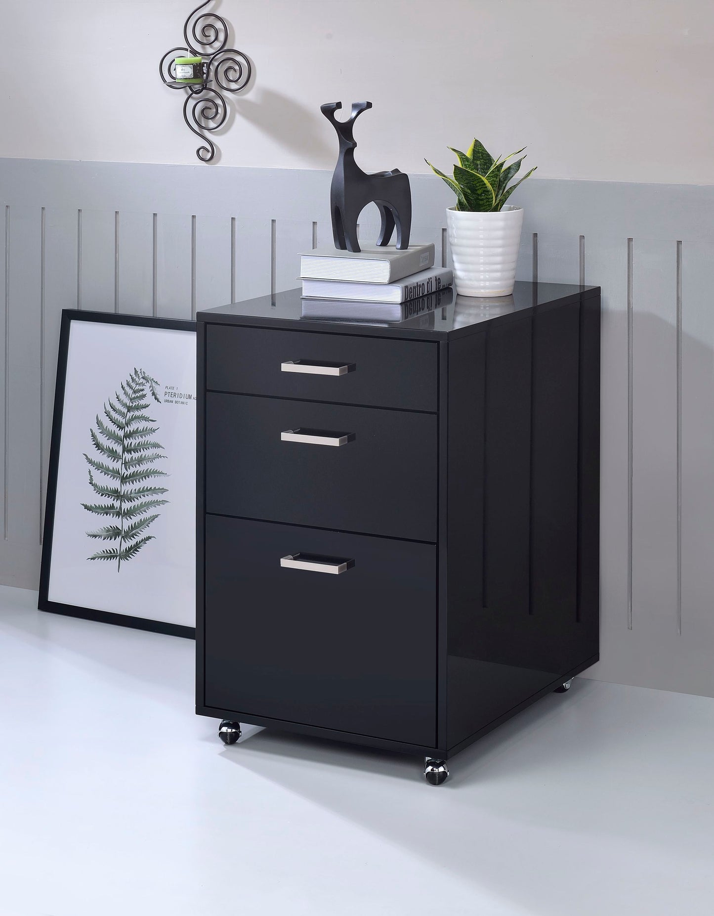 ACME Coleen File Cabinet, Black High Gloss & Chrome