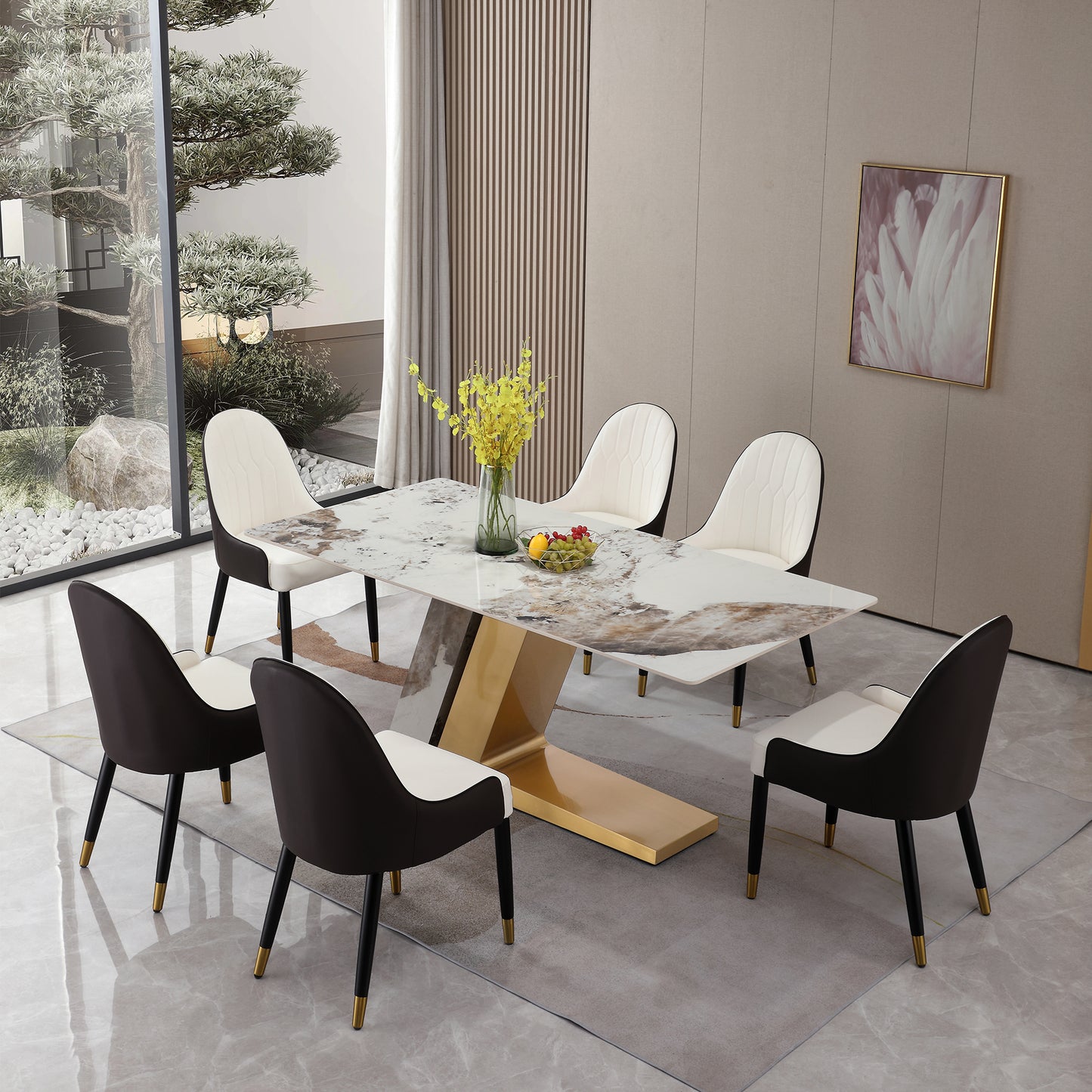 71" Contemporary Dining Table Sintered Stone Z shape Pedestal Base in Gold finish with 6 pcs Chairs .