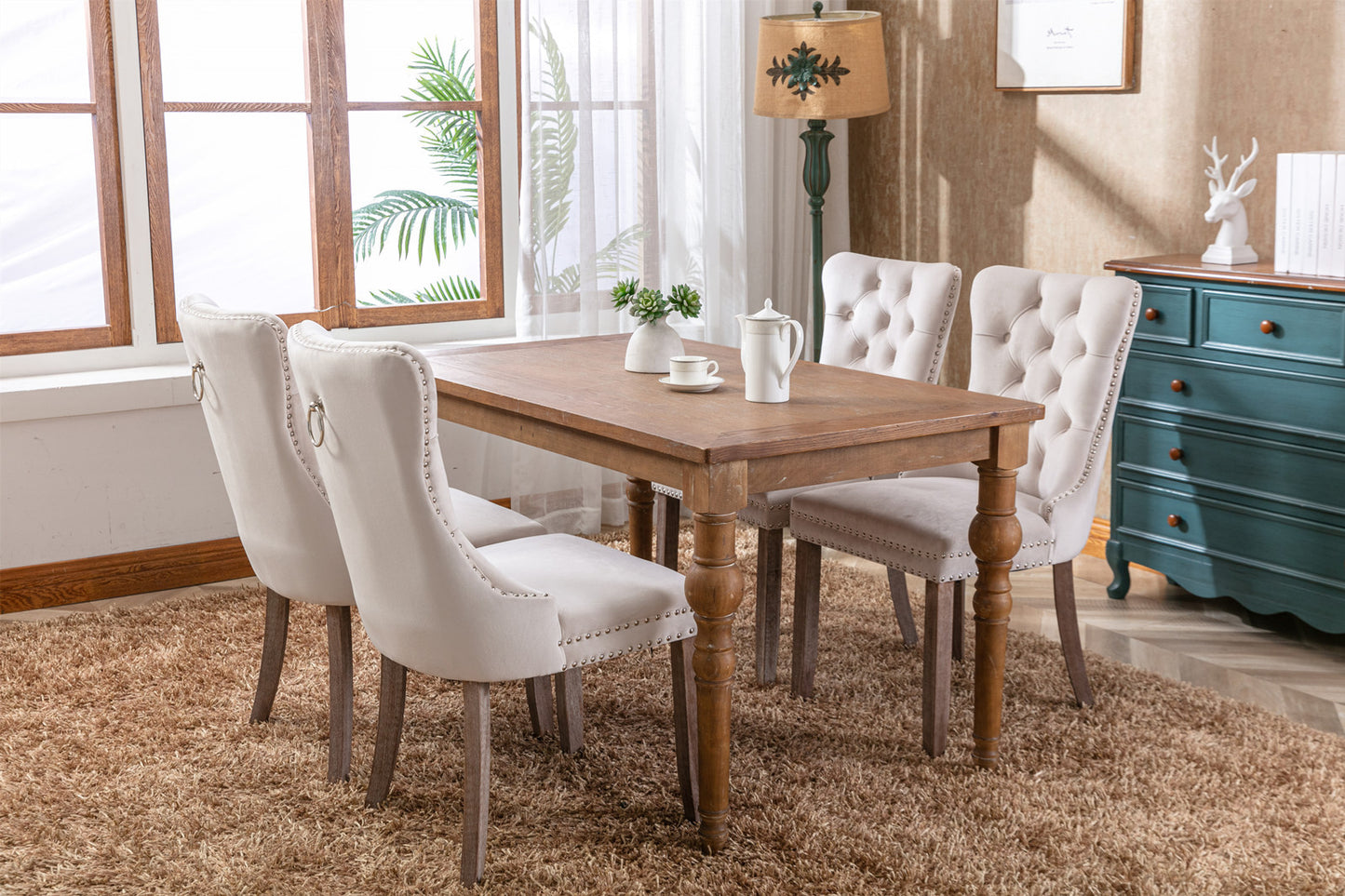 Nikki Collection Modern, High-end Tufted Solid Wood Contemporary Velvet Upholstered Dining Chair with Wood Legs Nailhead Trim 2-Pcs Set, Beige