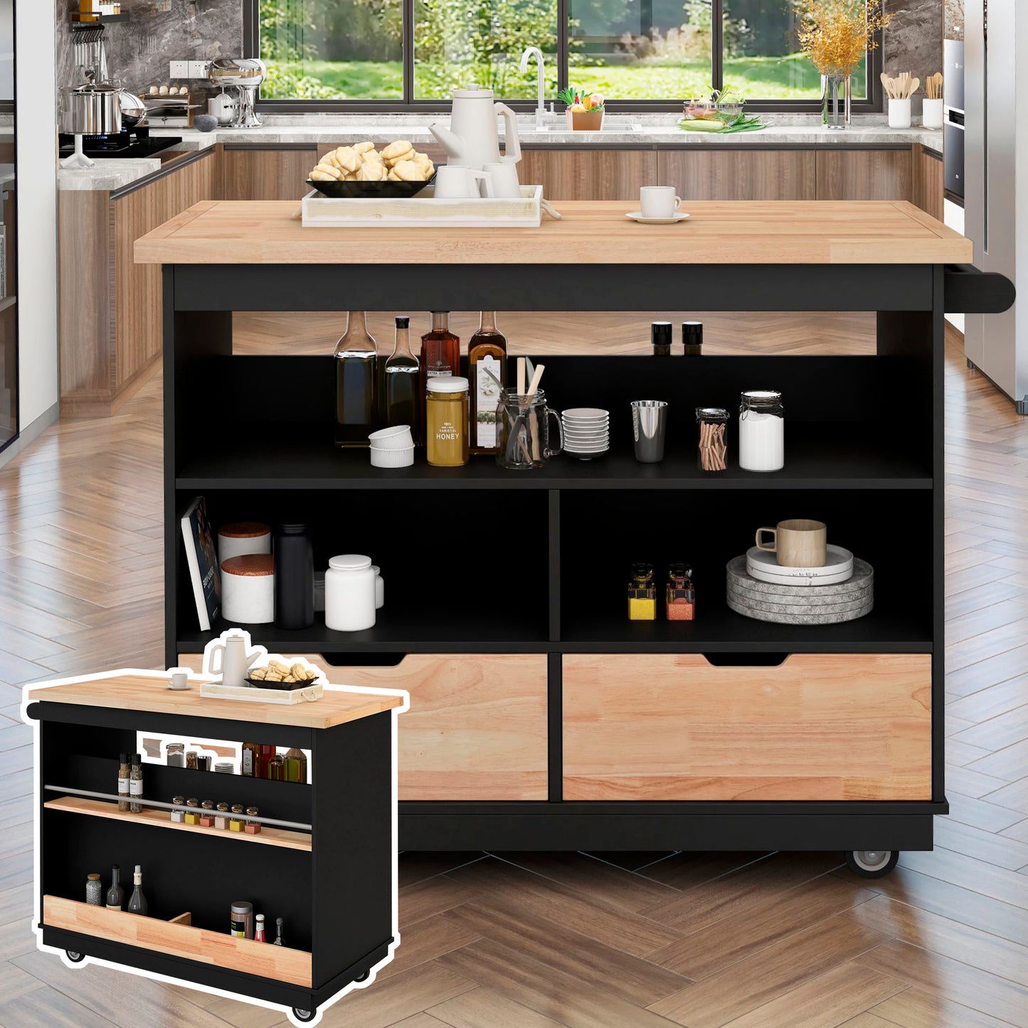 Kitchen Cart Rolling Mobile Kitchen Island Solid Wood Top, Kitchen Cart With 2 Drawers, Tableware Cabinet (Black)