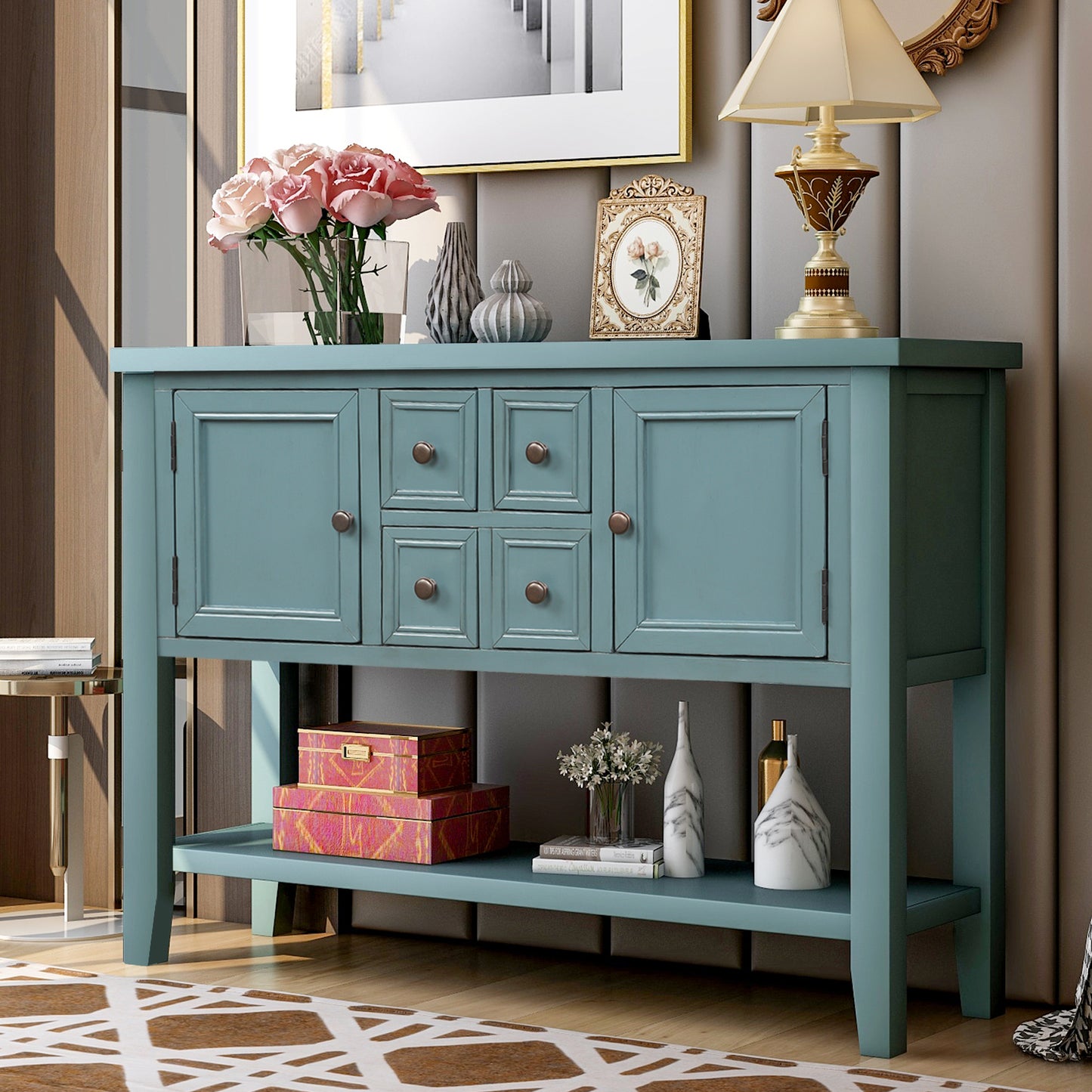 Cambridge Series Buffet Sideboard Console Table with Bottom Shelf (Dark Blue)