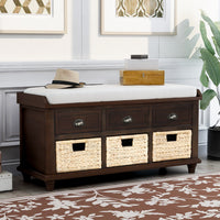 Rustic Storage Bench with 3 Drawers and 3 Rattan Baskets, Shoe Bench for Living Room, Entryway (Espresso)