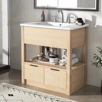 30" Bathroom Vanity with Sink Top, Bathroom Cabinet with Open Storage Shelf and Two Drawers, One Package, Natural