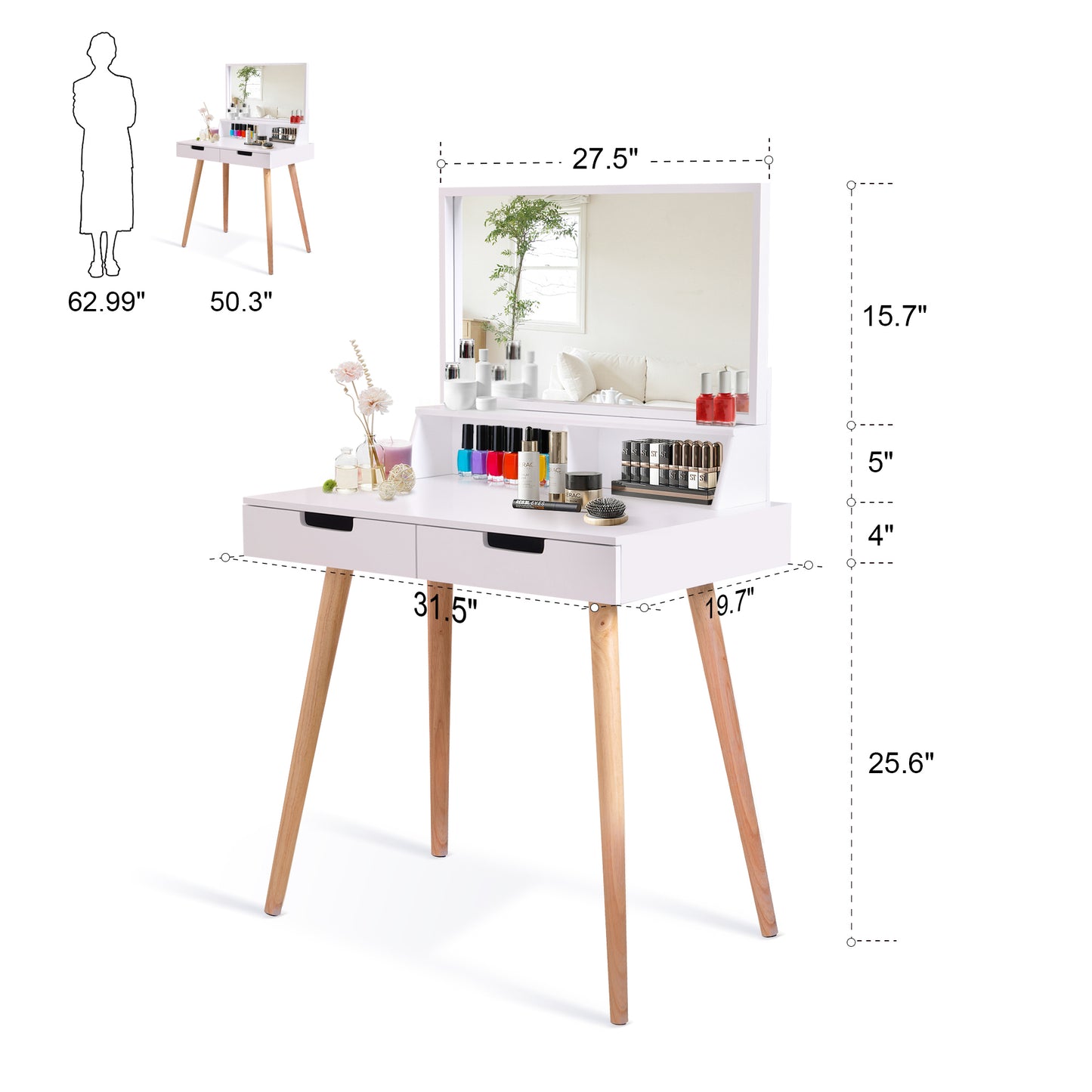 Wooden Mirror Vanity Desk Makeup Table, White