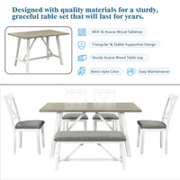 6 Piece Dining Table Set Wood Dining Table and chair Kitchen Table Set with Table, Bench and 4 Chairs, Rustic Style, White+Gray