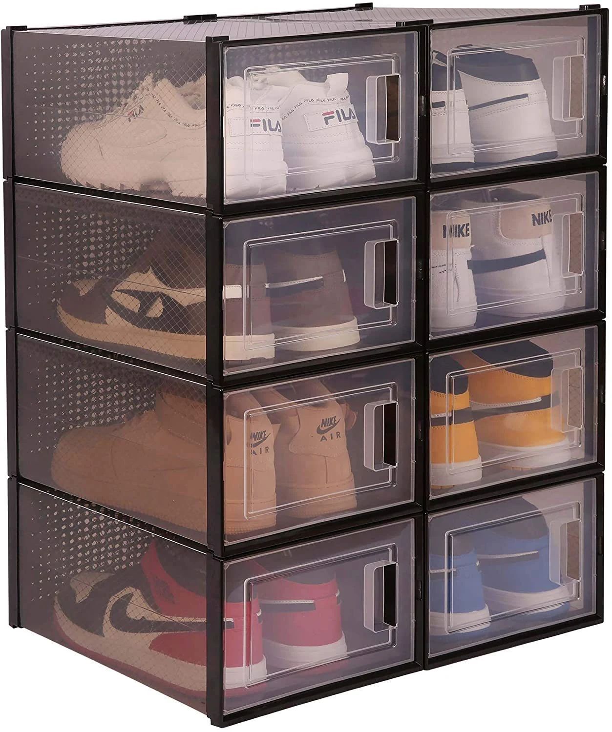 Storage Shoe Box, Foldable Clear Sneaker Display Box, Stackable Storage Bins Shoe Container Organizer, 8 Pack - Black