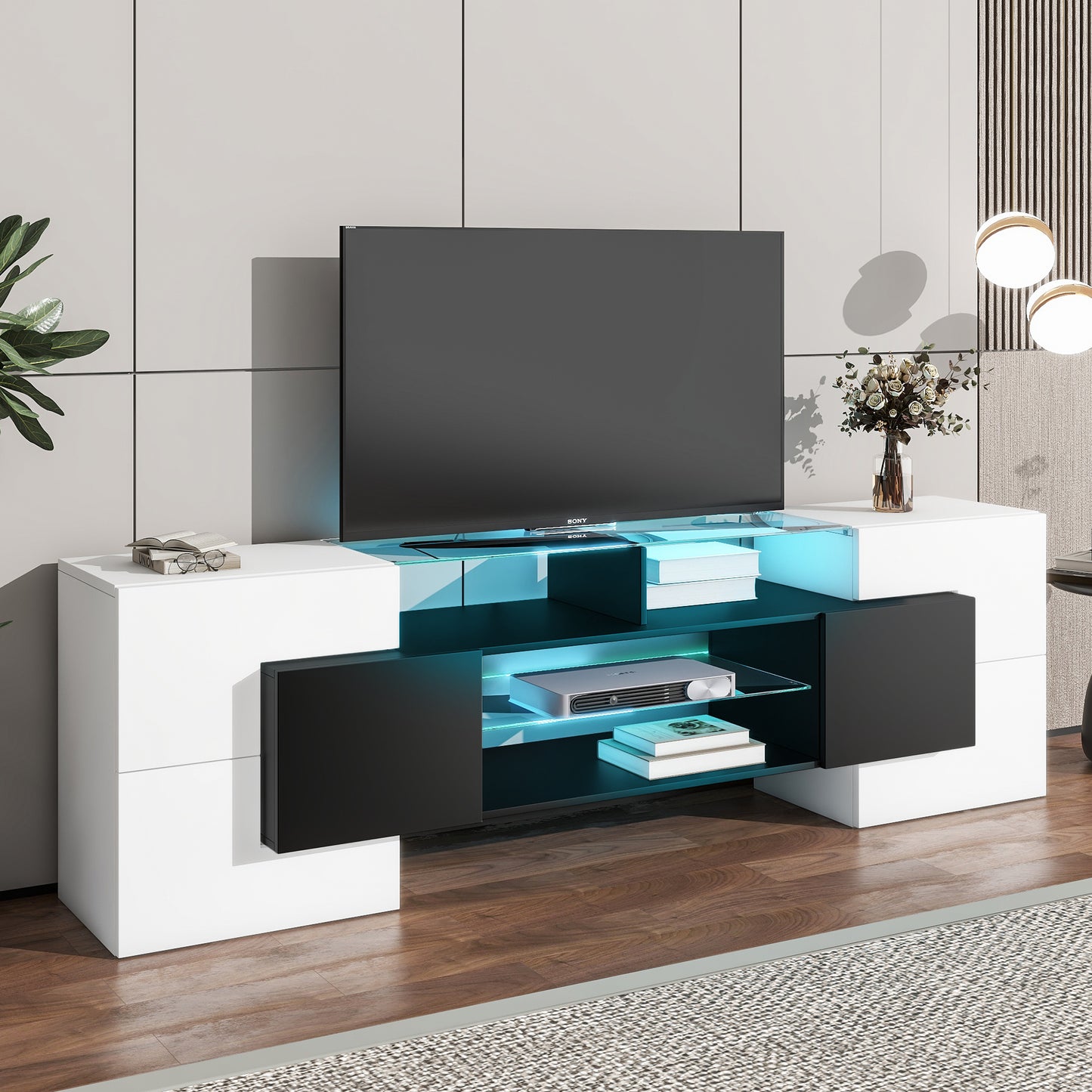 ON-TREND Unique Shape TV Stand with 2 Illuminated Glass Shelves, High Gloss Entertainment Center for TVs Up to 80", Versatile TV Cabinet with LED Color Changing Lights for Living Room, Black&White