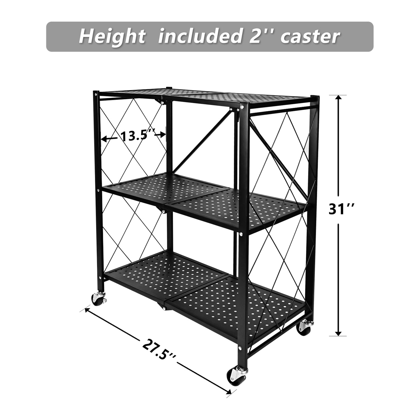 Simple Deluxe 3-Tier Heavy Duty Foldable Metal Rack Storage Shelving Unit with Wheels Moving Easily Organizer Shelves Great for Garage Kitchen Holds up to 750 lbs Capacity, Black