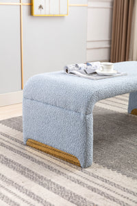 Boucle Fabric Loveseat Ottoman Footstool Bedroom Bench Shoe Bench With Gold Metal Legs, Light Blue