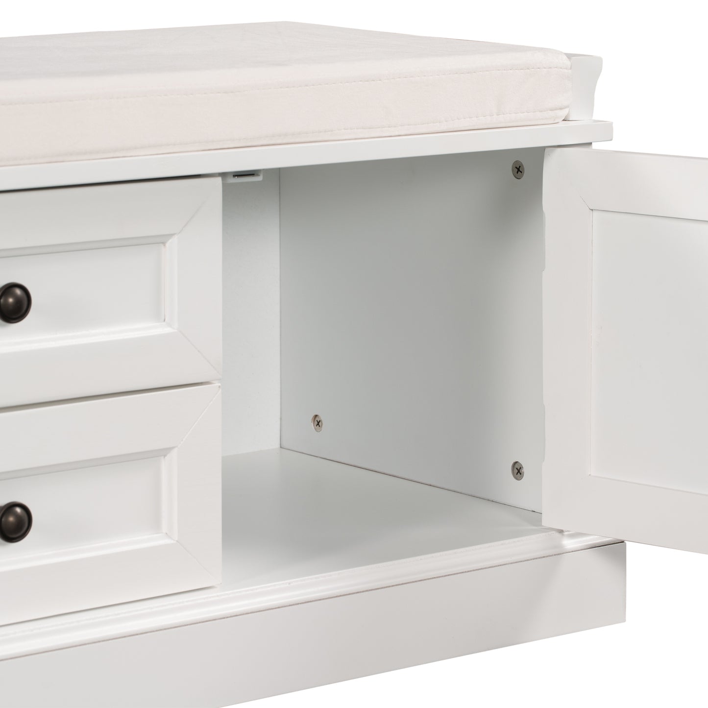 Storage Bench with 2 Drawers and 2 Cabinets, Shoe Bench with Removable Cushion for Living Room, Entryway (White)